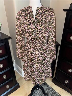 Floral Pink & Black Long-Sleeve Belted Dress